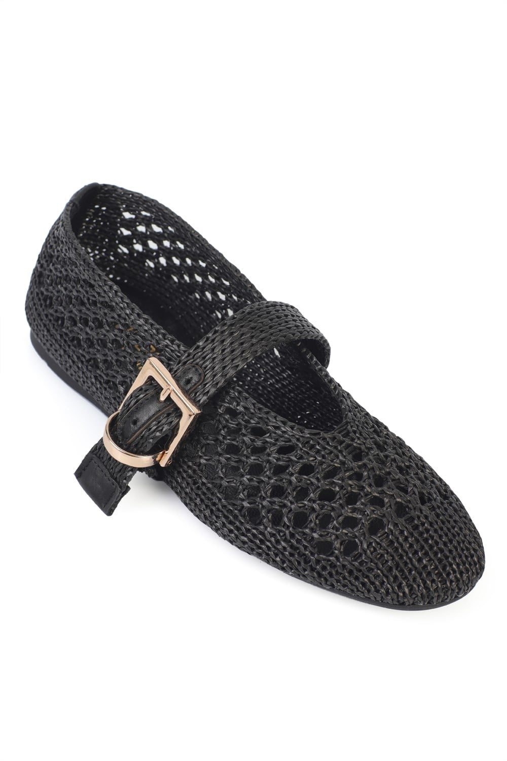 Capone Dannie Mesh Buckle Strap Round Toe Flat Heel Casual Women Black Ballet Flat