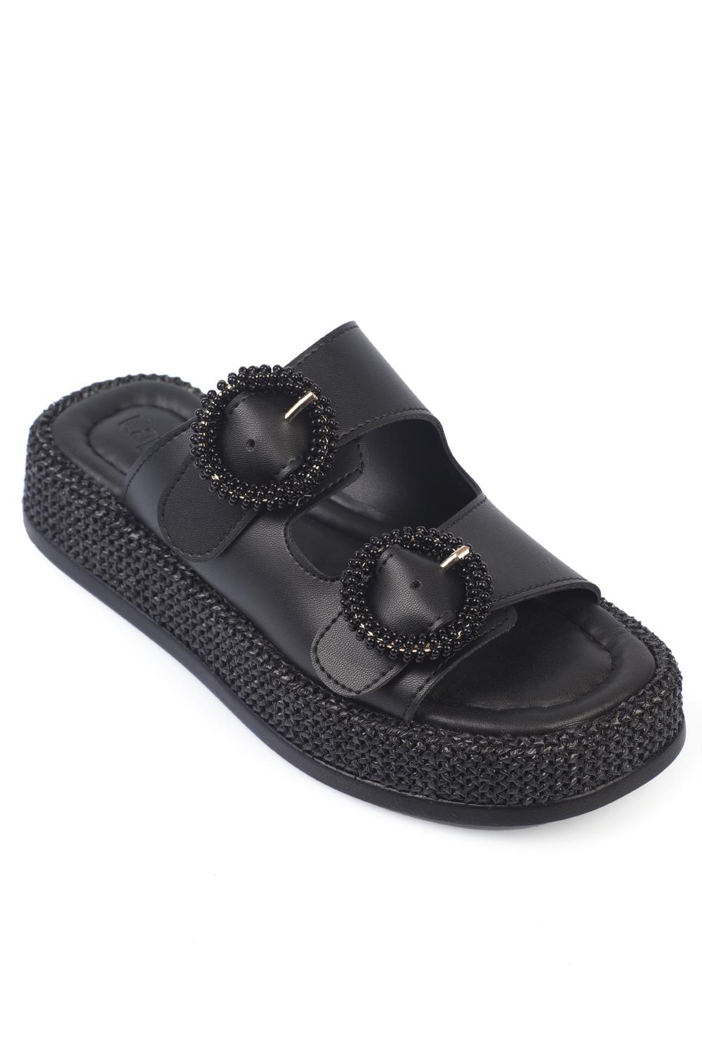 Capone Double Buckle Wedge Heel Comfort Women Black Sandals