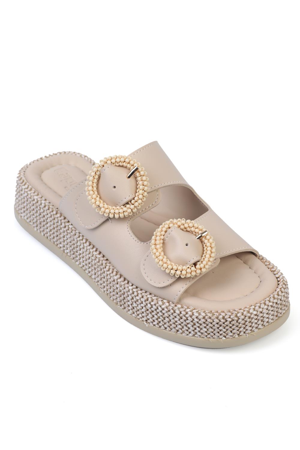 Capone Double Buckle Wedge Heel Comfort Women Beige Sandals