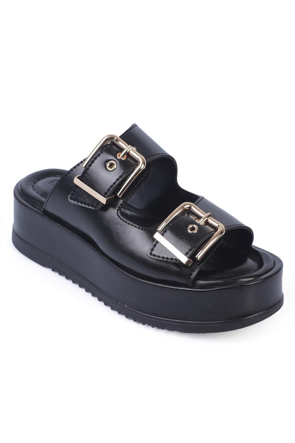 Capone Double Buckle Wedge Heel Women Black Sandals
