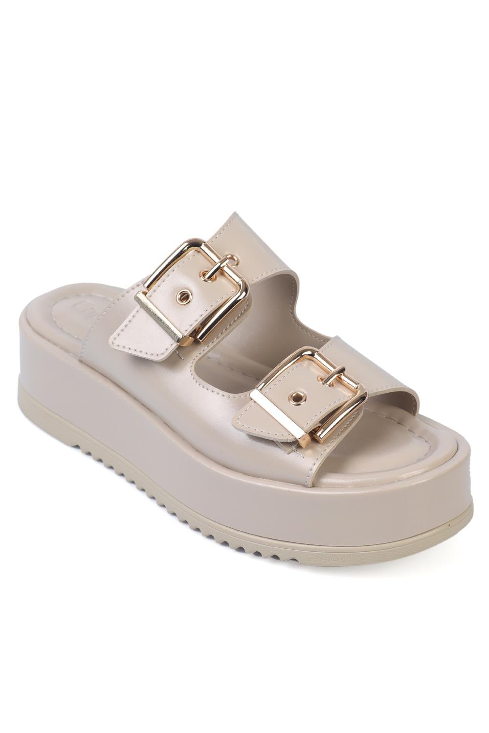 Capone Double Buckle Wedge Heel Women Beige Sandals