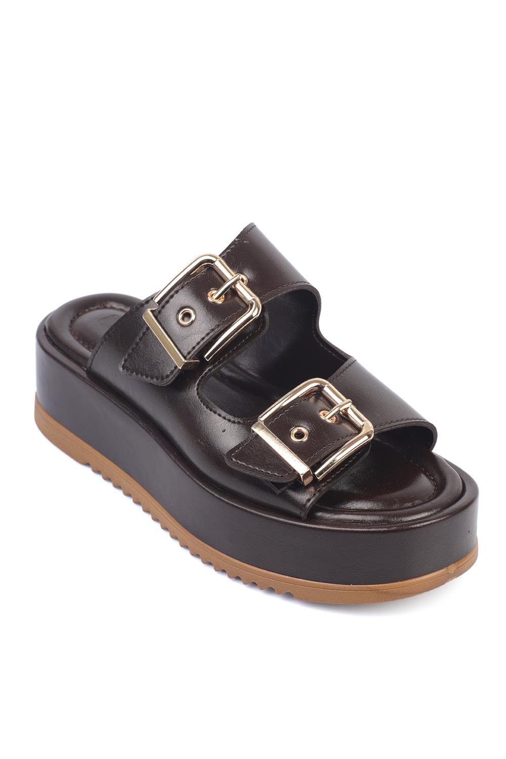 Capone Double Buckle Wedge Heel Women Brown Sandals