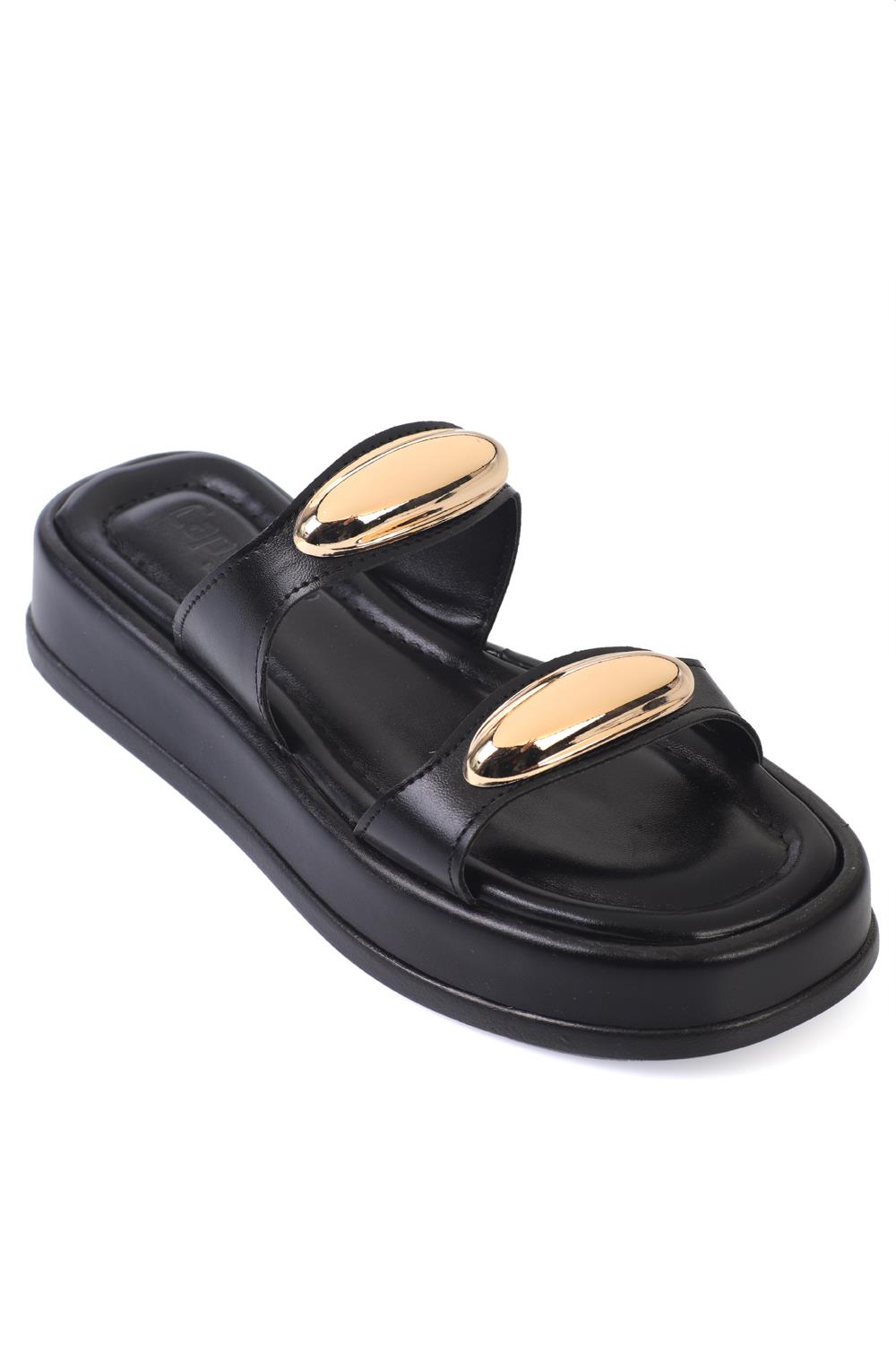 Capone Double Metal Buckle Wedge Heel Women Metallic Black Sandals