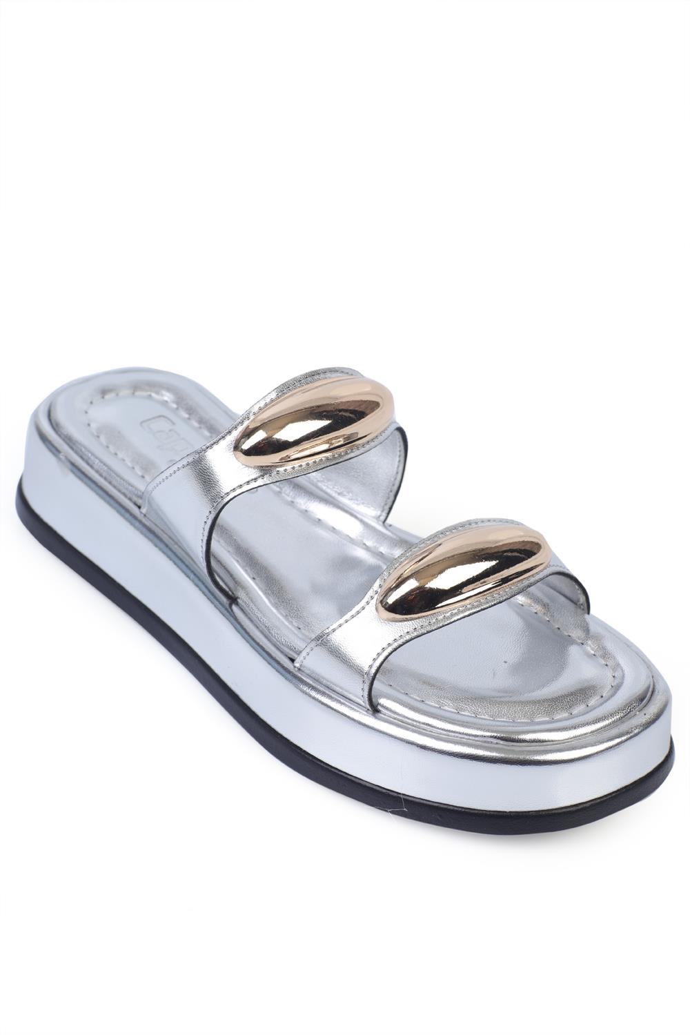 Capone Double Metal Buckle Wedge Heel Women Metallic Silver Sandals