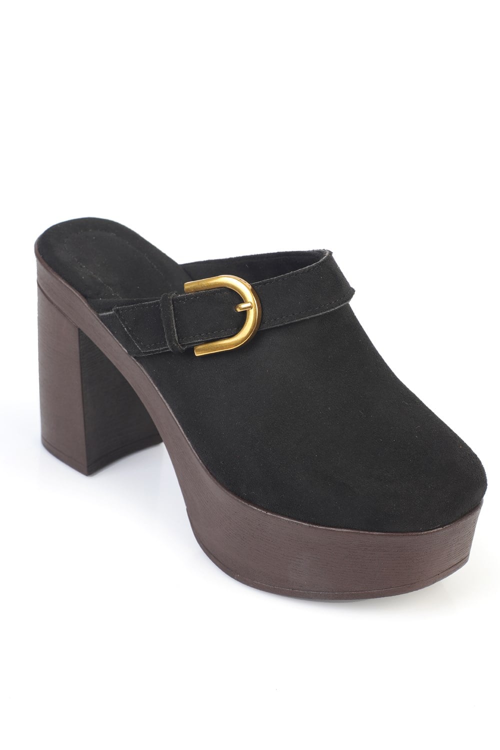 Capone Edith Platform Suede Look Ankle Strap Women Sued Black Clog