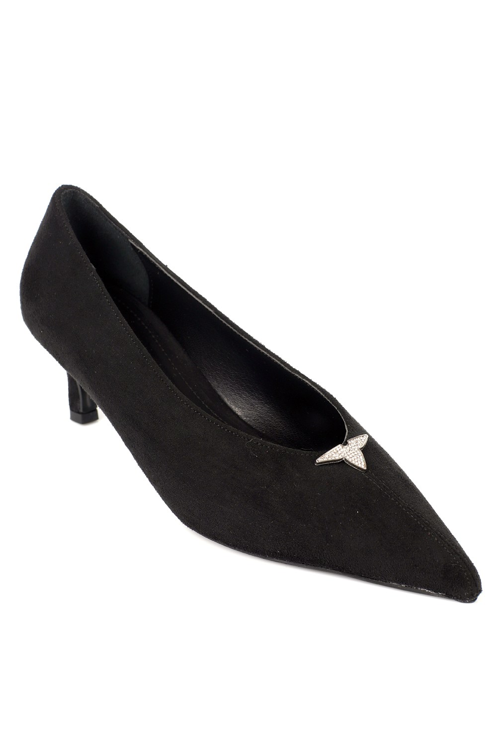 Capone Elly Pointed Toe Crystal Embellished Mid Heel Women Sued Black Shoe