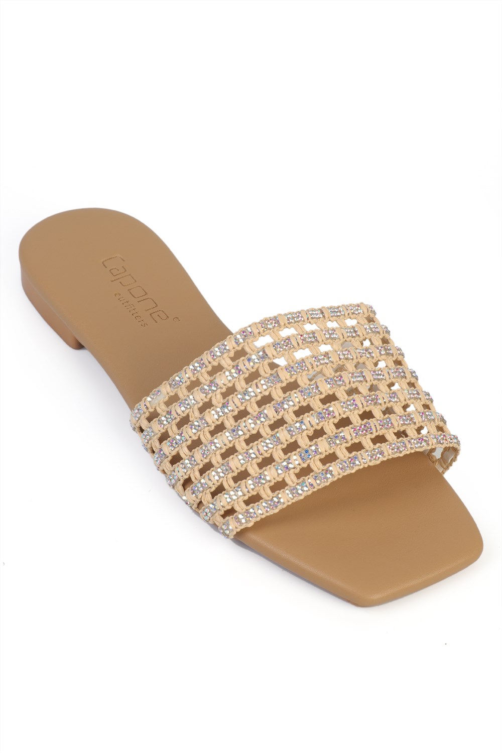 Capone Faina  Square Toe Crystal Embellished Flat Heel Women Nude Sandal