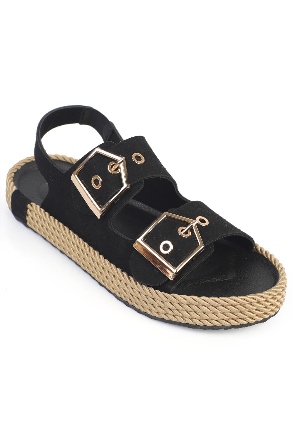 Capone Faith Suede Look Metal Buckle Comfort Women Black Sandal