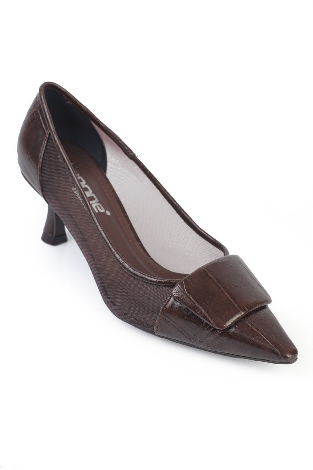 Capone Fidela Mesh Pointed Toe Croc Effect Mid Heel Women Brown Shoe