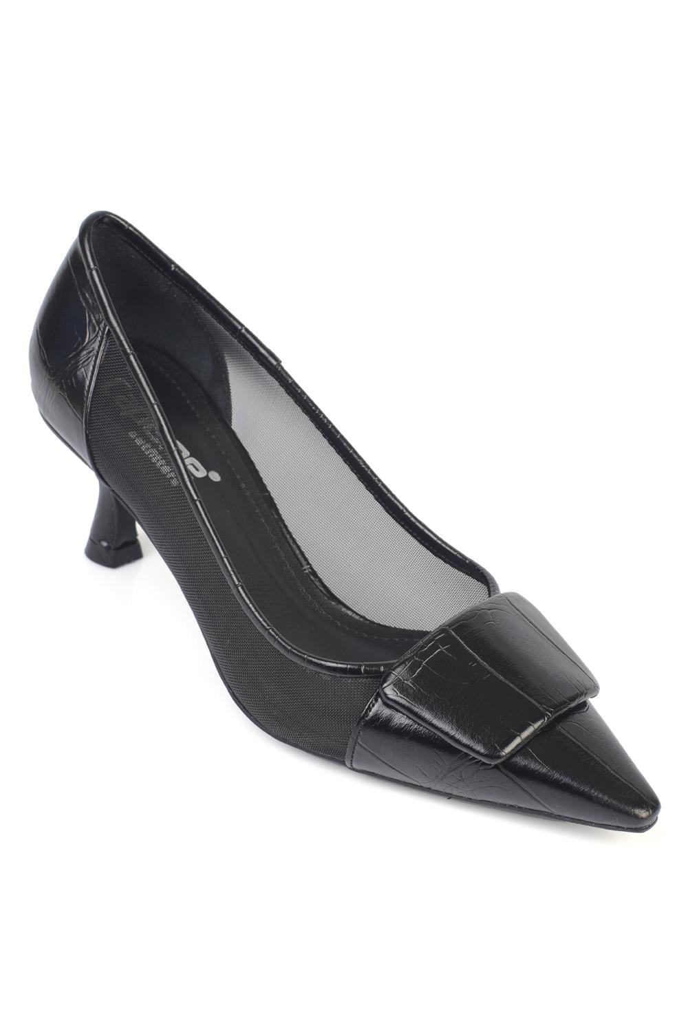 Capone Fidela Mesh Pointed Toe Croc Effect Mid Heel Women Black Shoe
