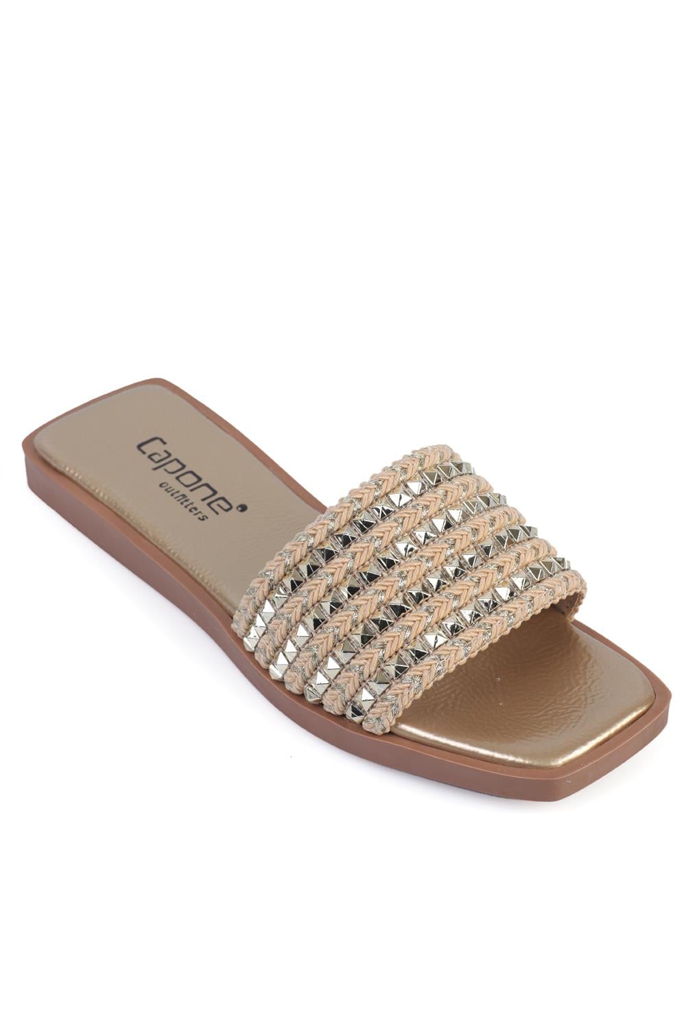 Capone Flat Heel Blunt Toe Metal Accessory Raffia Women Gold Sandals