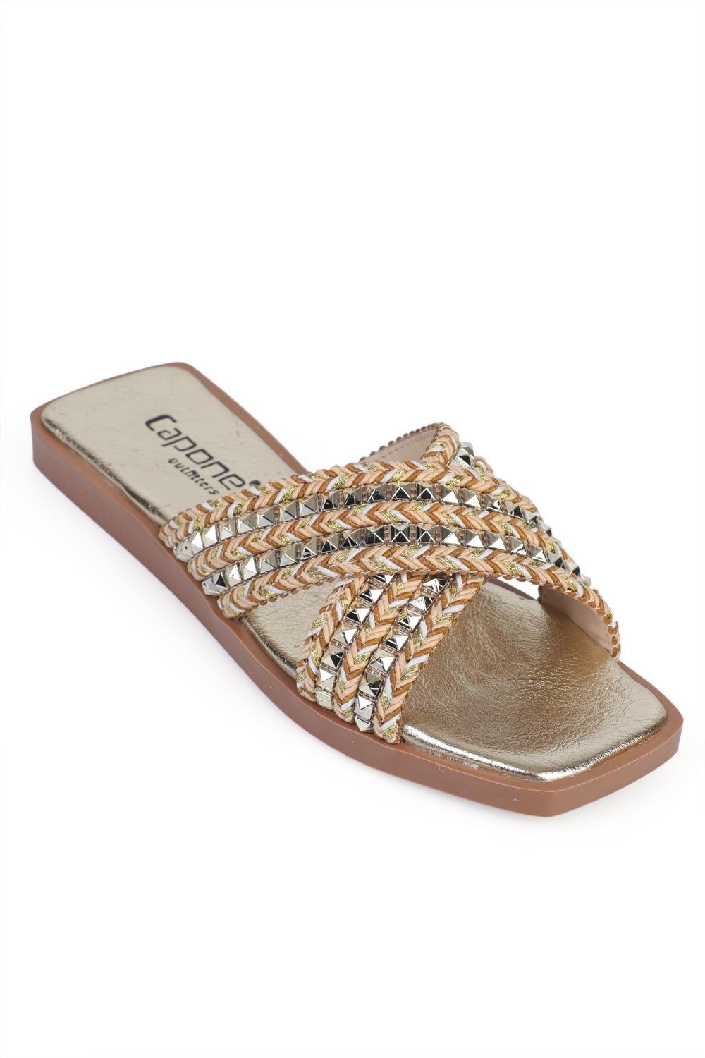 Capone Flat Heel Blunt Toe Metallic Cross Strap Women Gold Sandals