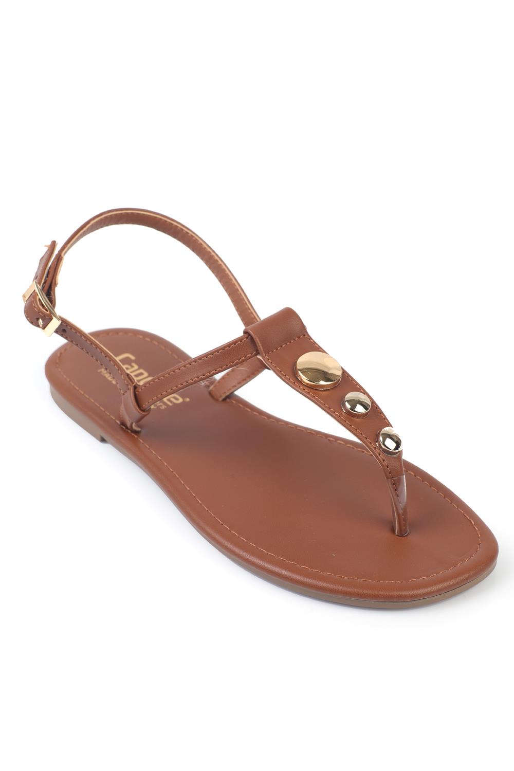 Capone Flat Heel Metal Accessory Round Thong Toe Women Tan Sandals