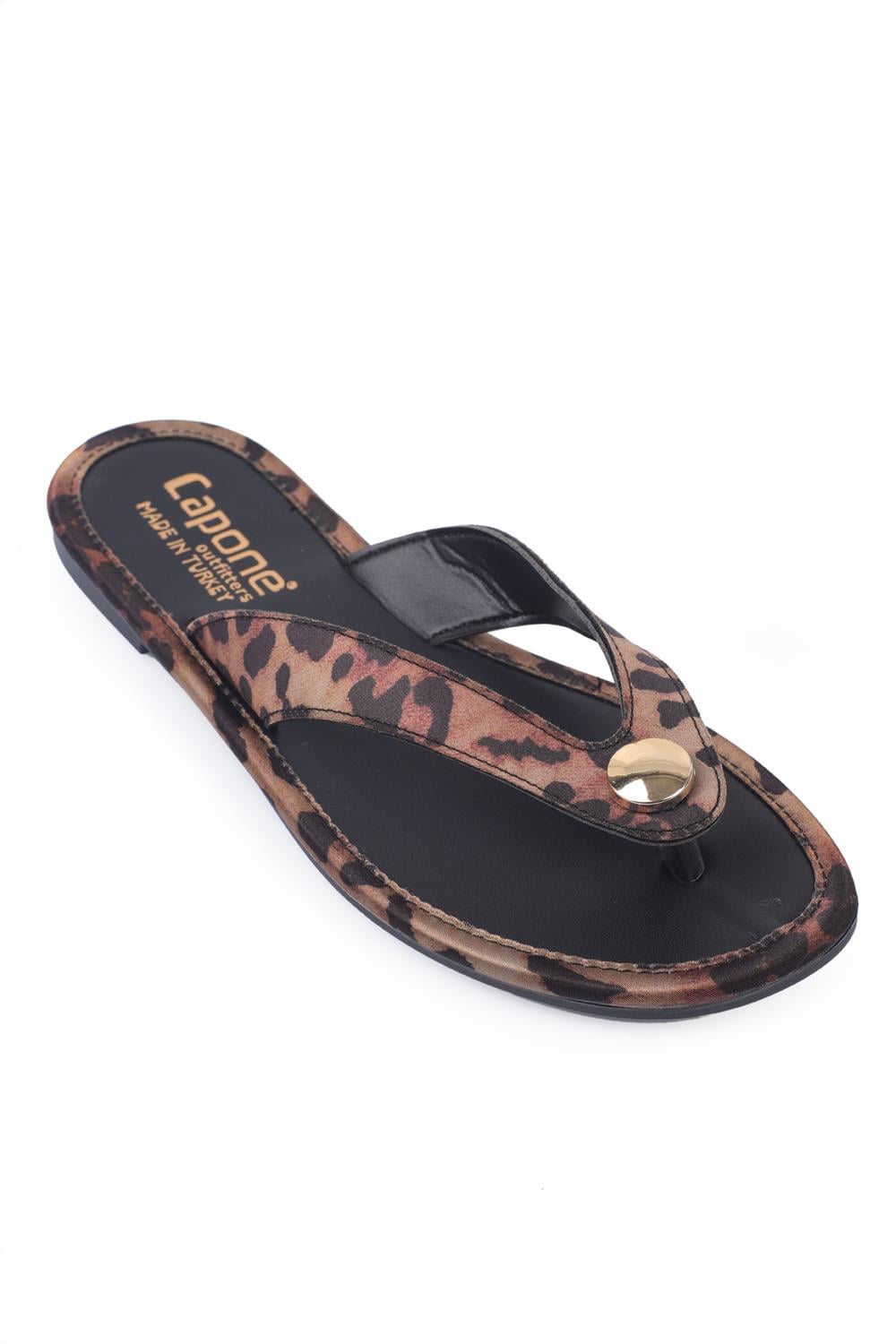 Capone Flat Heel Metal Accessory Round Thong Toe Women Leopard Sandals