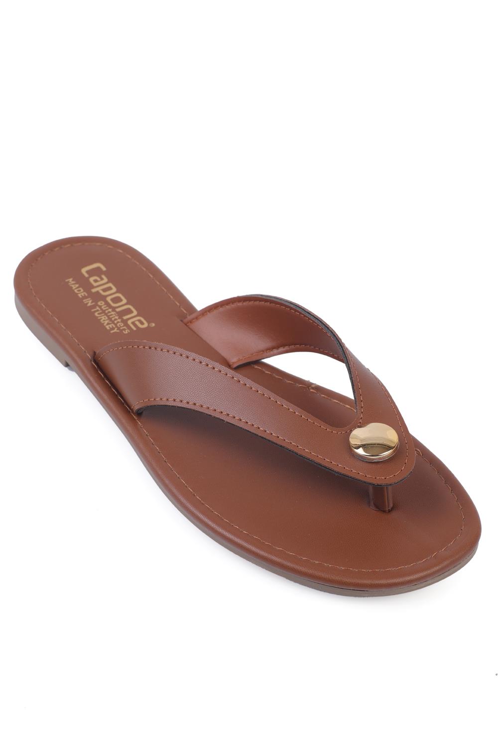 Capone Flat Heel Metal Accessory Round Thong Toe Women Tan Sandals