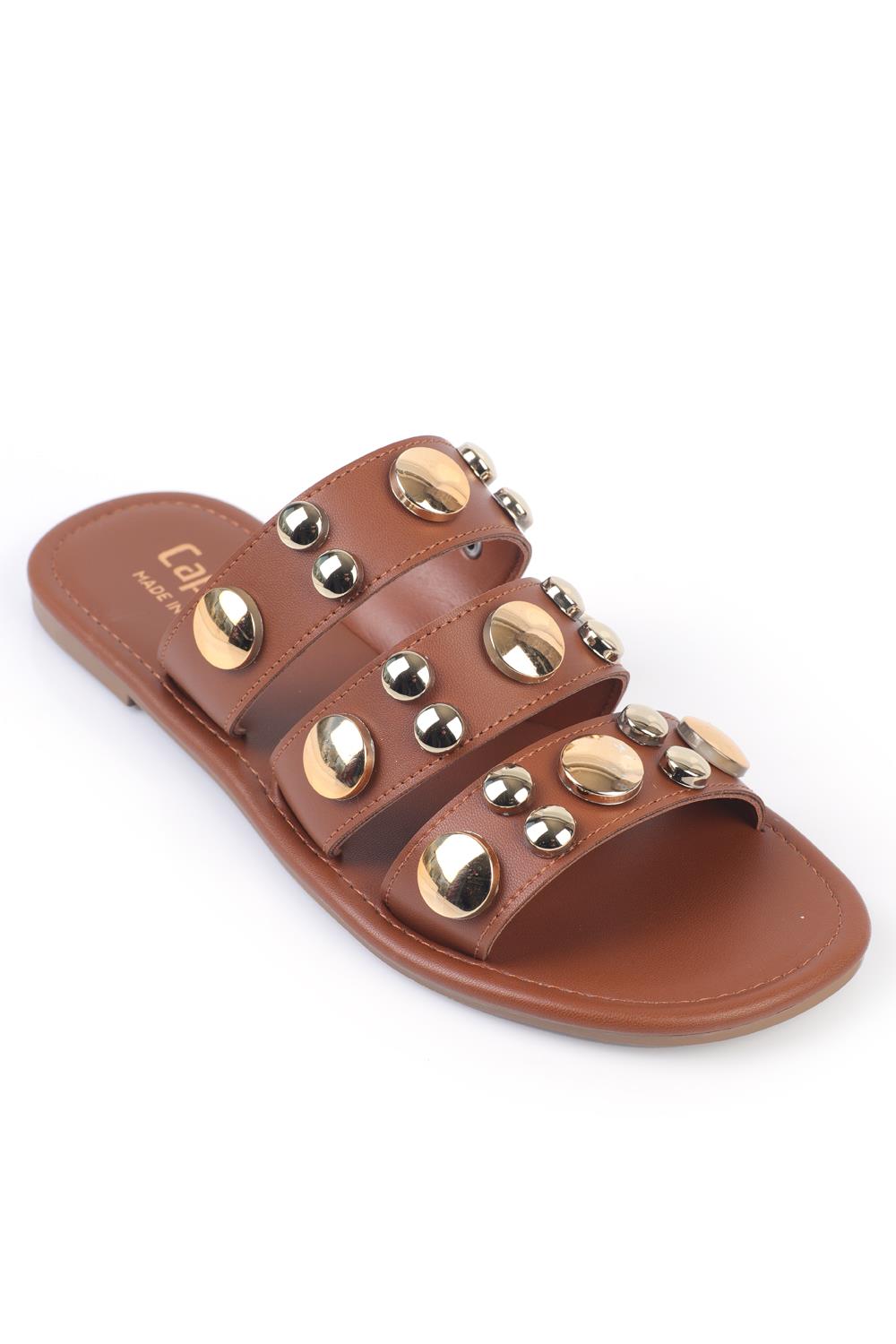 Capone Flat Heel Metal Accessory Round Toe Strap Women Tan Sandals