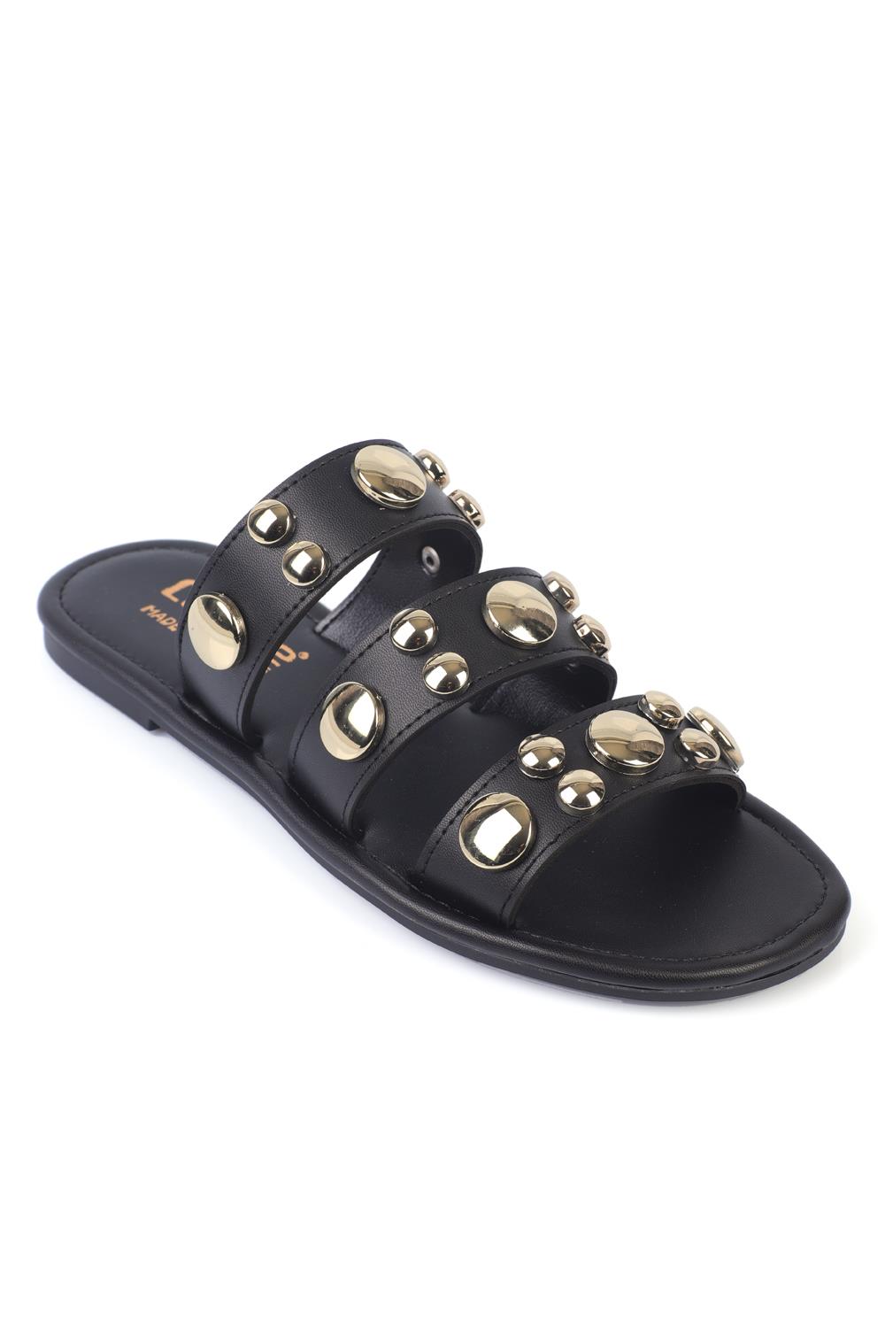 Capone Flat Heel Metal Accessory Round Toe Strap Women Black Sandals