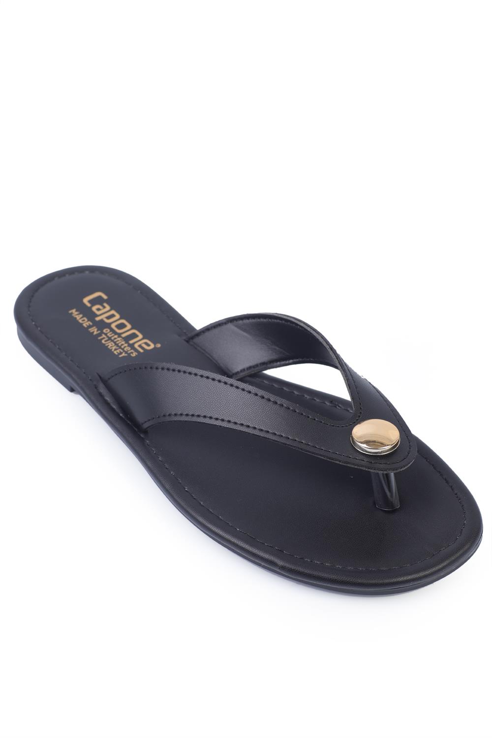 Capone Flat Heel Metal Accessory Round Thong Toe Women Black Sandals