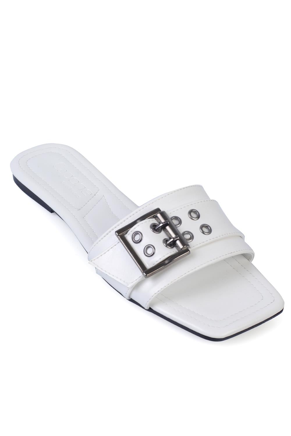 Capone Flat Heel Metal Buckle Blunt Toe Women White Sandals