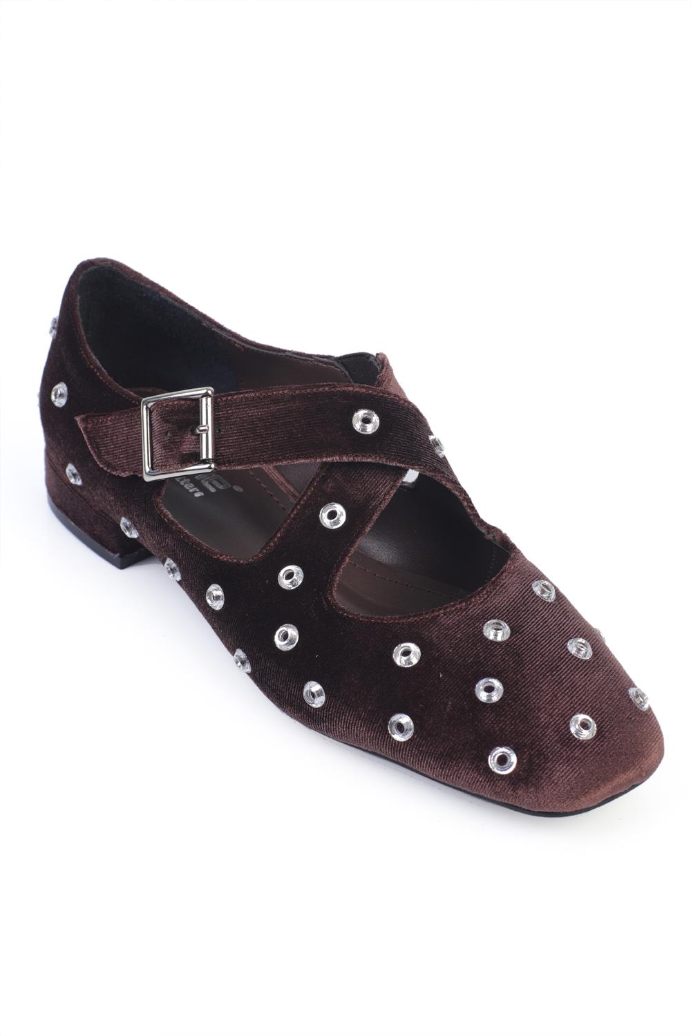 Capone Flat Toe Studded Cross Strapped Velvet Women Brown Ballerinas