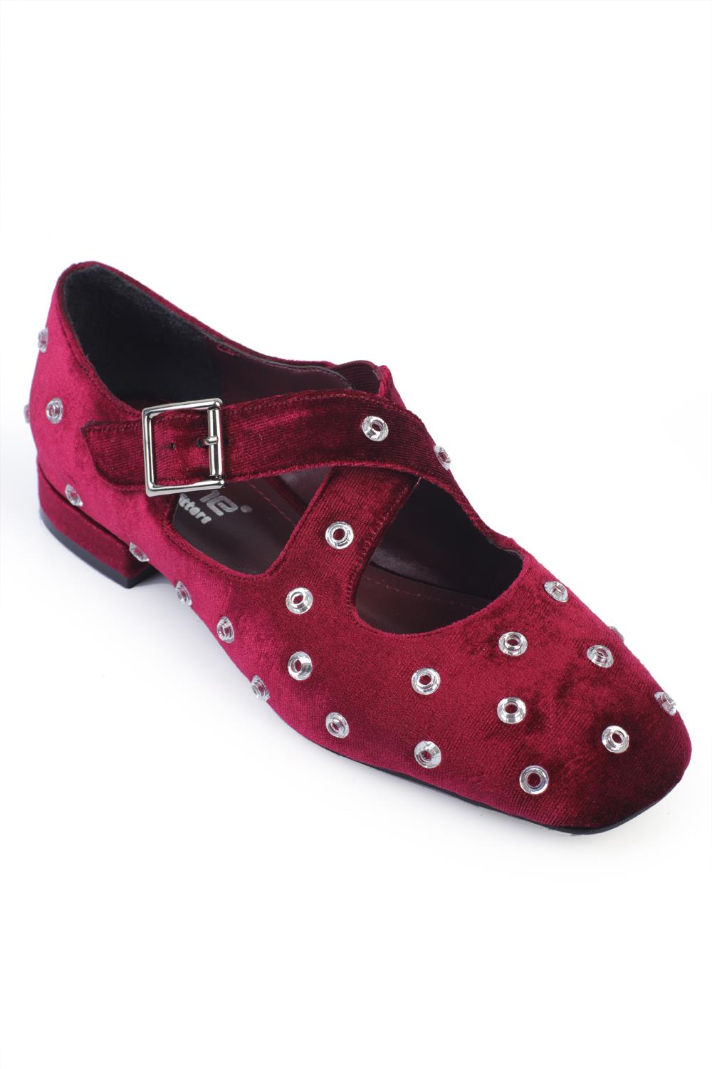 Capone Flat Toe Studded Cross Strapped Velvet Women Burgundy Ballerinas