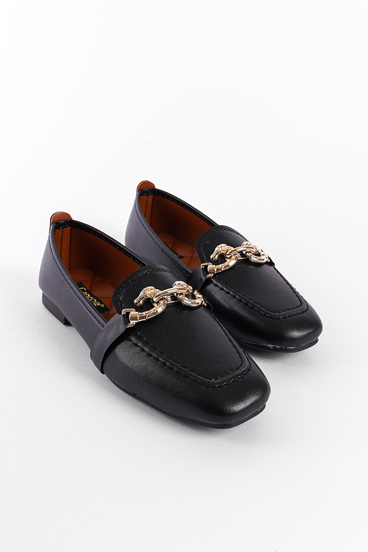 Capone Flat Toe Women Black Loafers With Metal Buckle Accessory