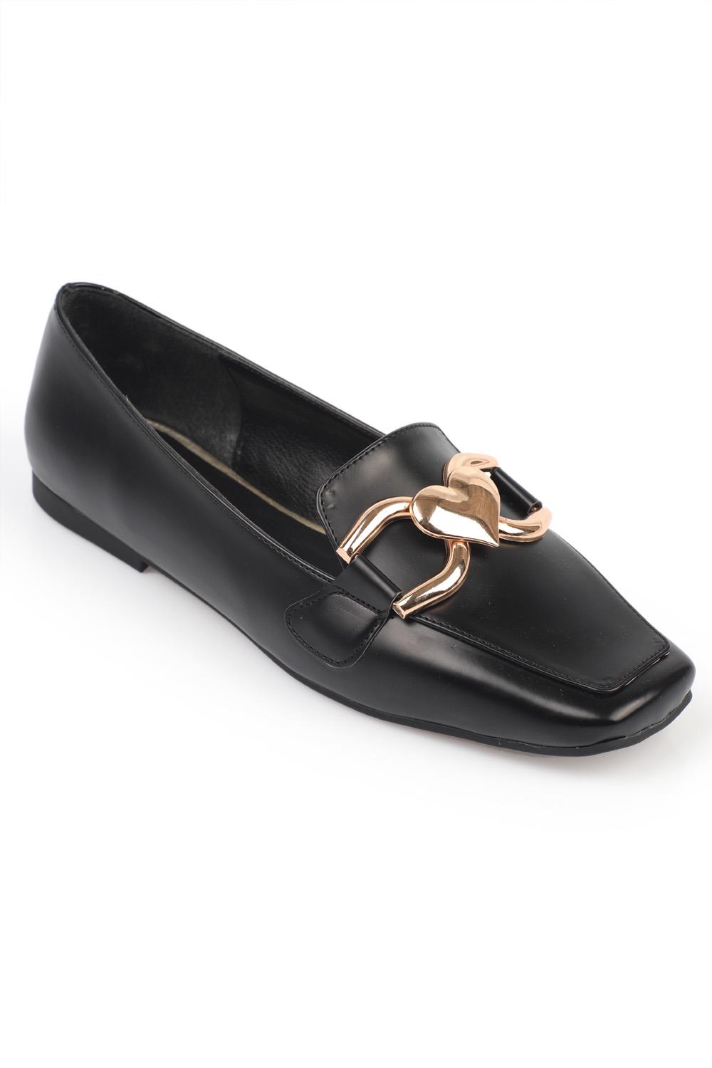 Capone Flat Toe Women Black's Loafers With Metal Heart Buckle Accessory