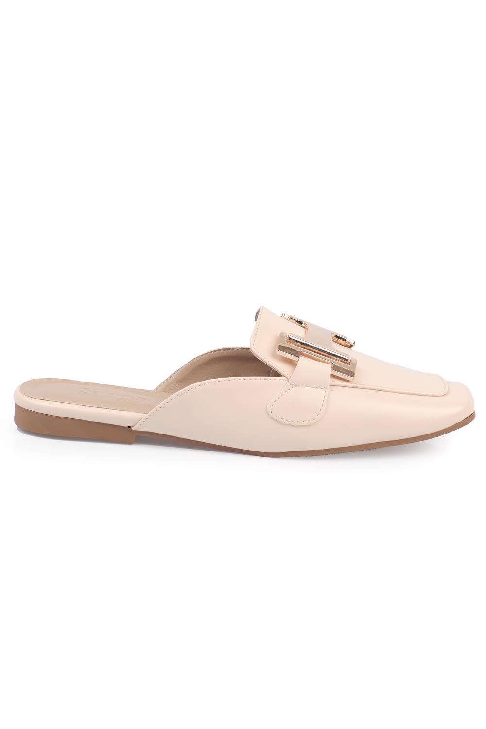 Capone Flat Toe Women Ecru Beige Mules With Metal Accessory