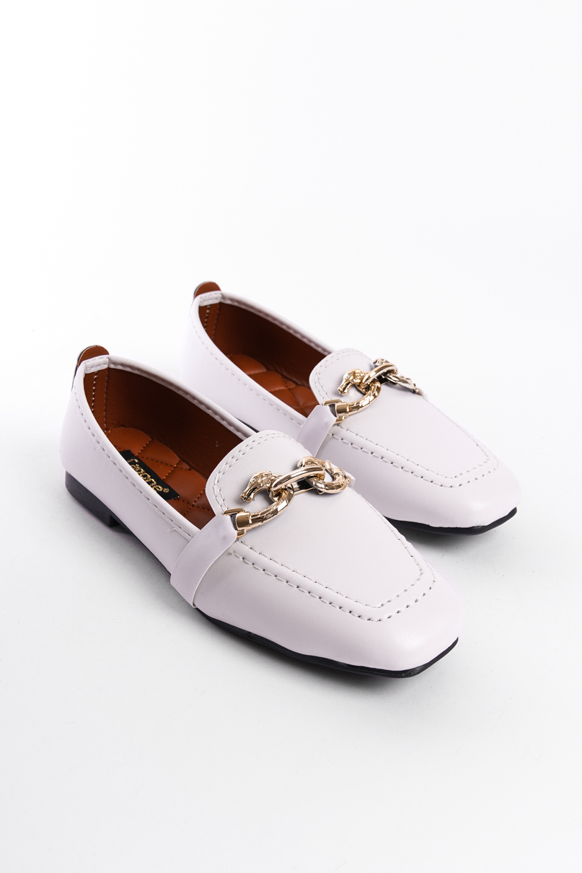 Capone Flat Toe Women White Loafers With Metal Buckle Accessory