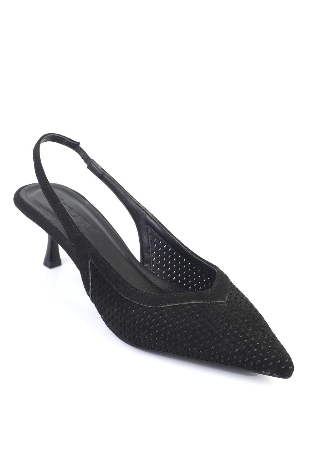 Capone Flori Suede Look Pointed Toe Open Back Mid Heel Women Sued Black Shoe
