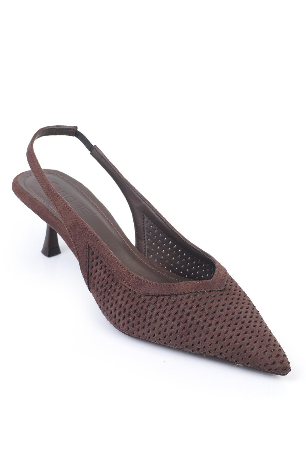 Capone Flori Suede Look Pointed Toe Open Back Mid Heel Women Sued Brown Shoe