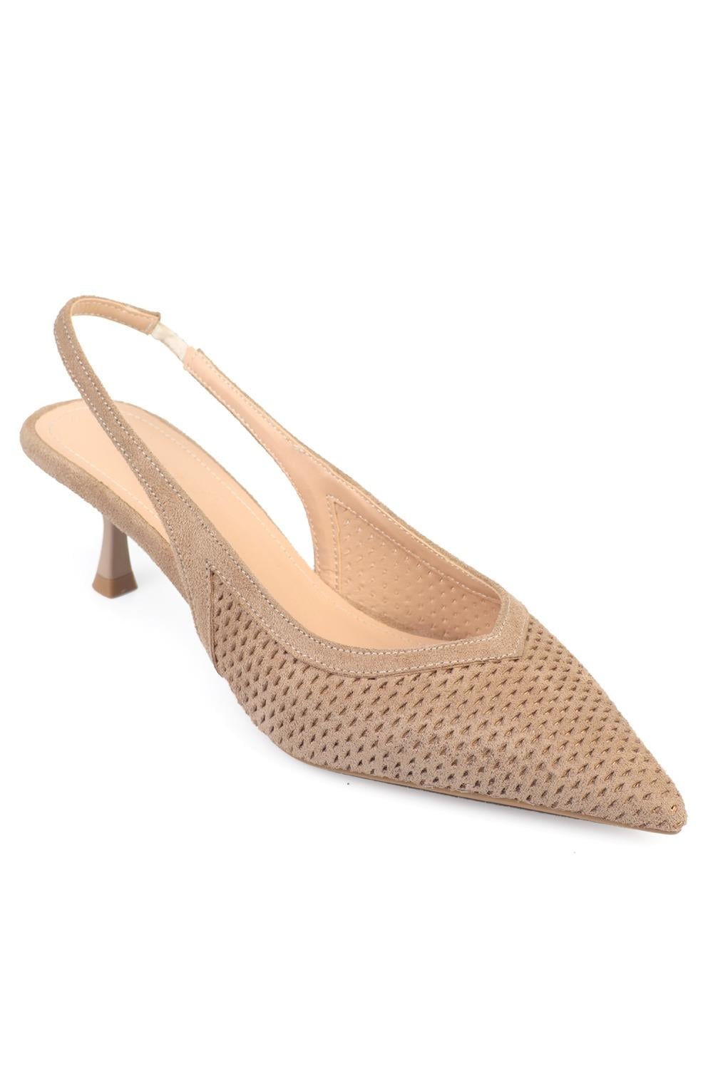 Capone Flori Suede Look Pointed Toe Open Back Mid Heel Women Sued Mink Shoe