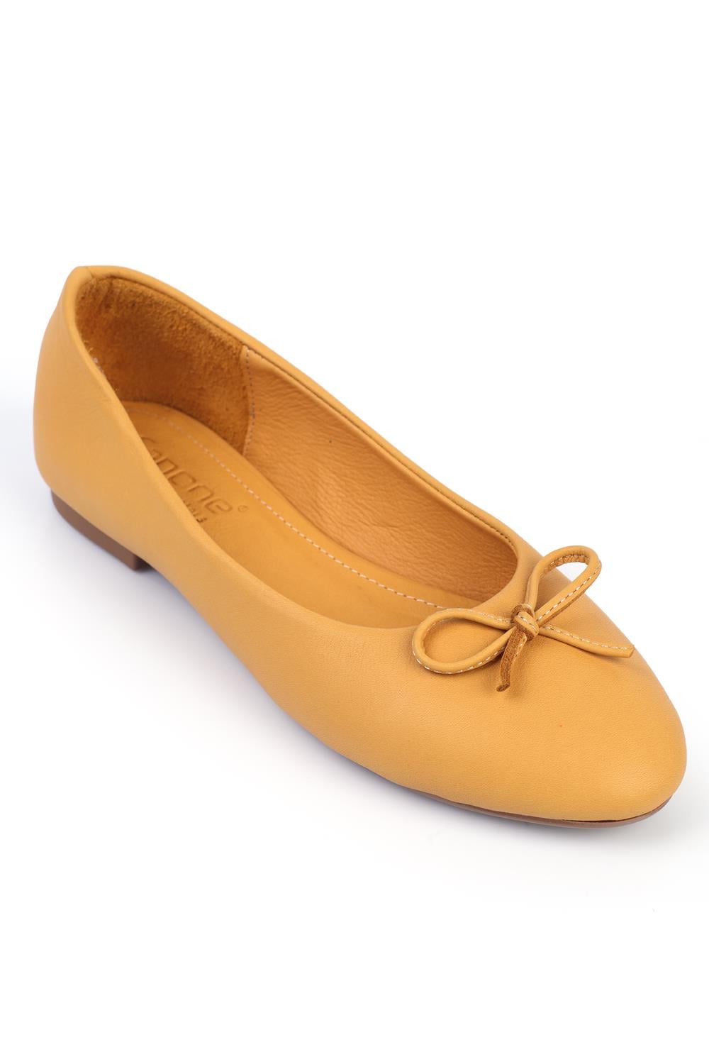 Capone Genuine Leather Bow Detail Round Toe Women Mustard Ballerinas