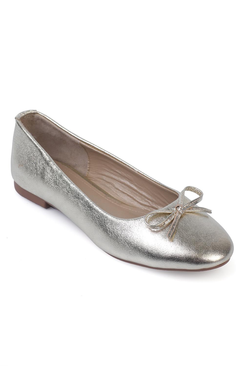 Capone Genuine Leather Bow Detail Round Toe Women Gold Ballerinas