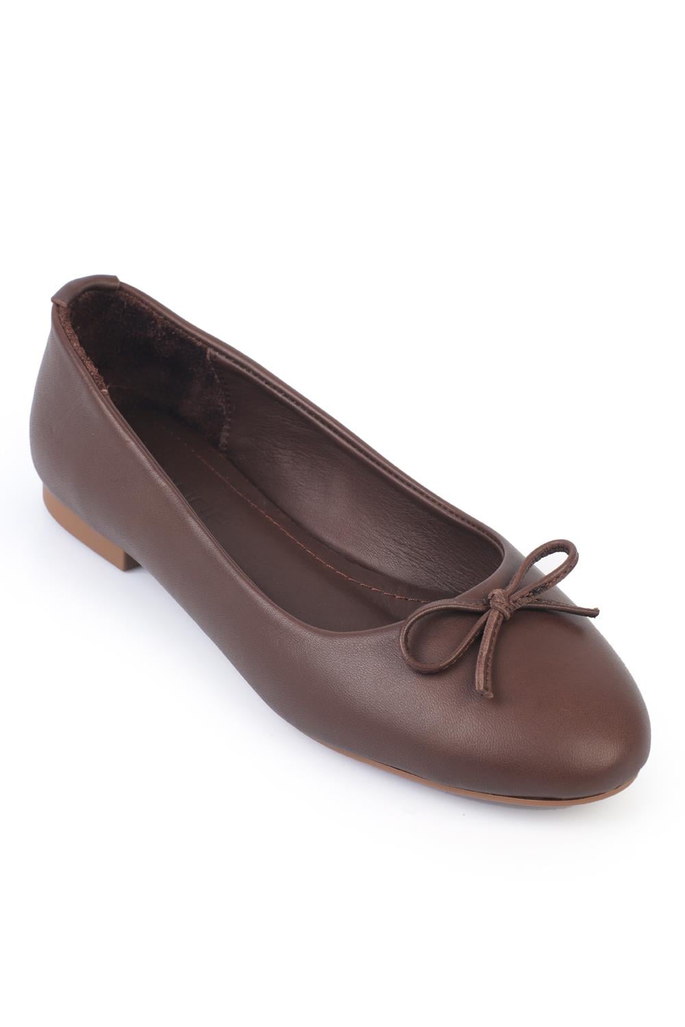 Capone Genuine Leather Bow Detail Round Toe Women Dark Brown Ballerinas