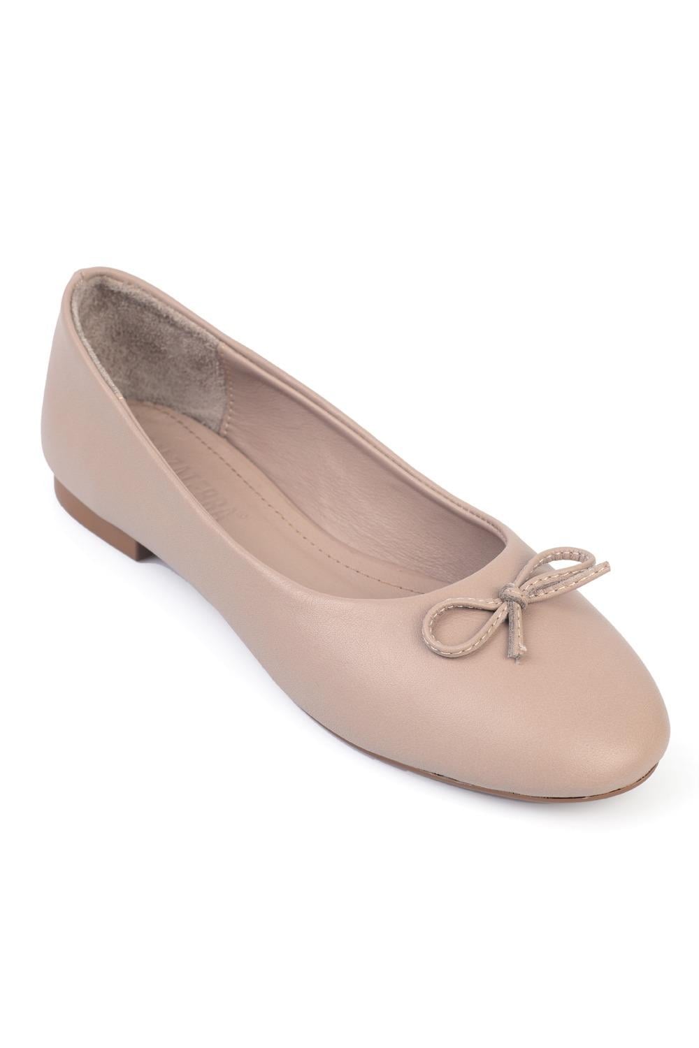 Capone Genuine Leather Bow Detail Round Toe Women Mink Ballerinas
