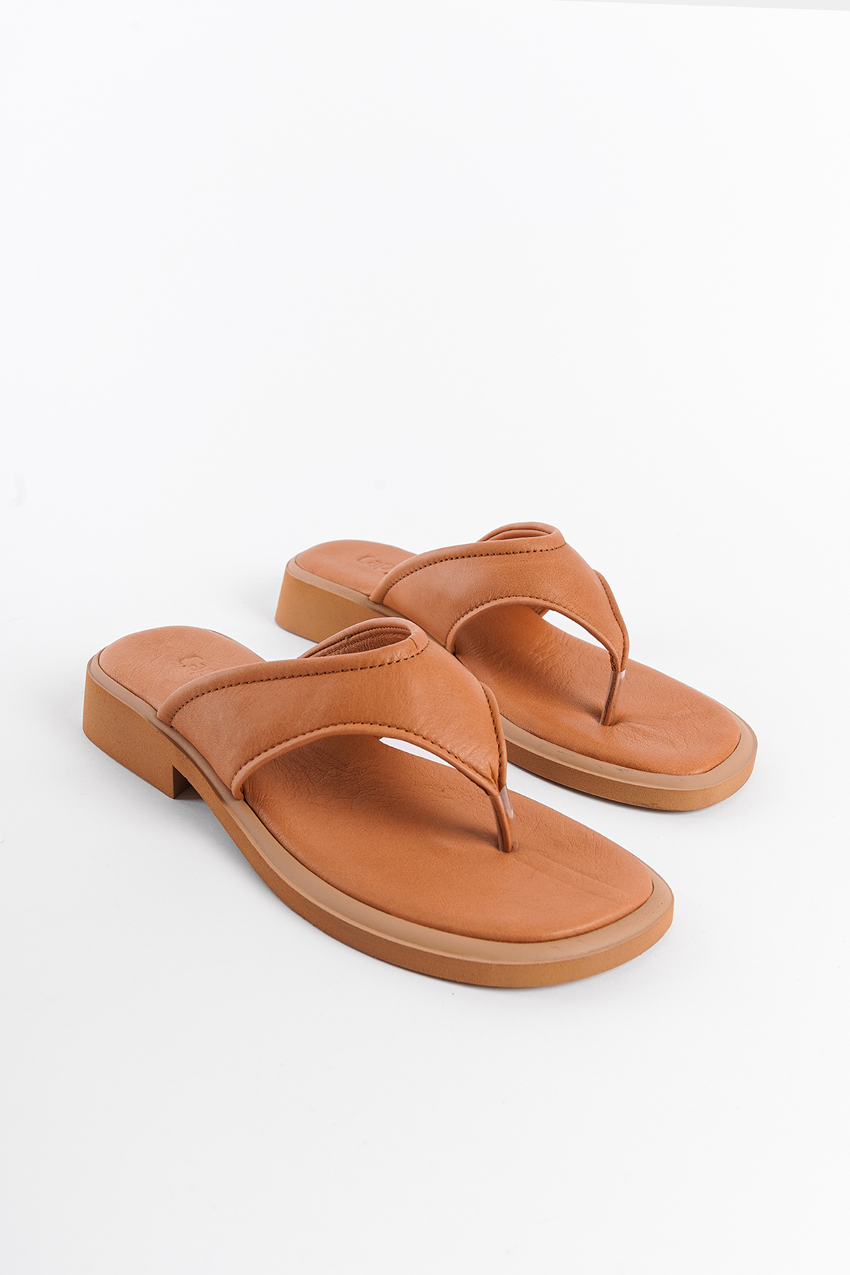 Capone Genuine Leather Comfort Short Heeled Women Tan Thong Sandals