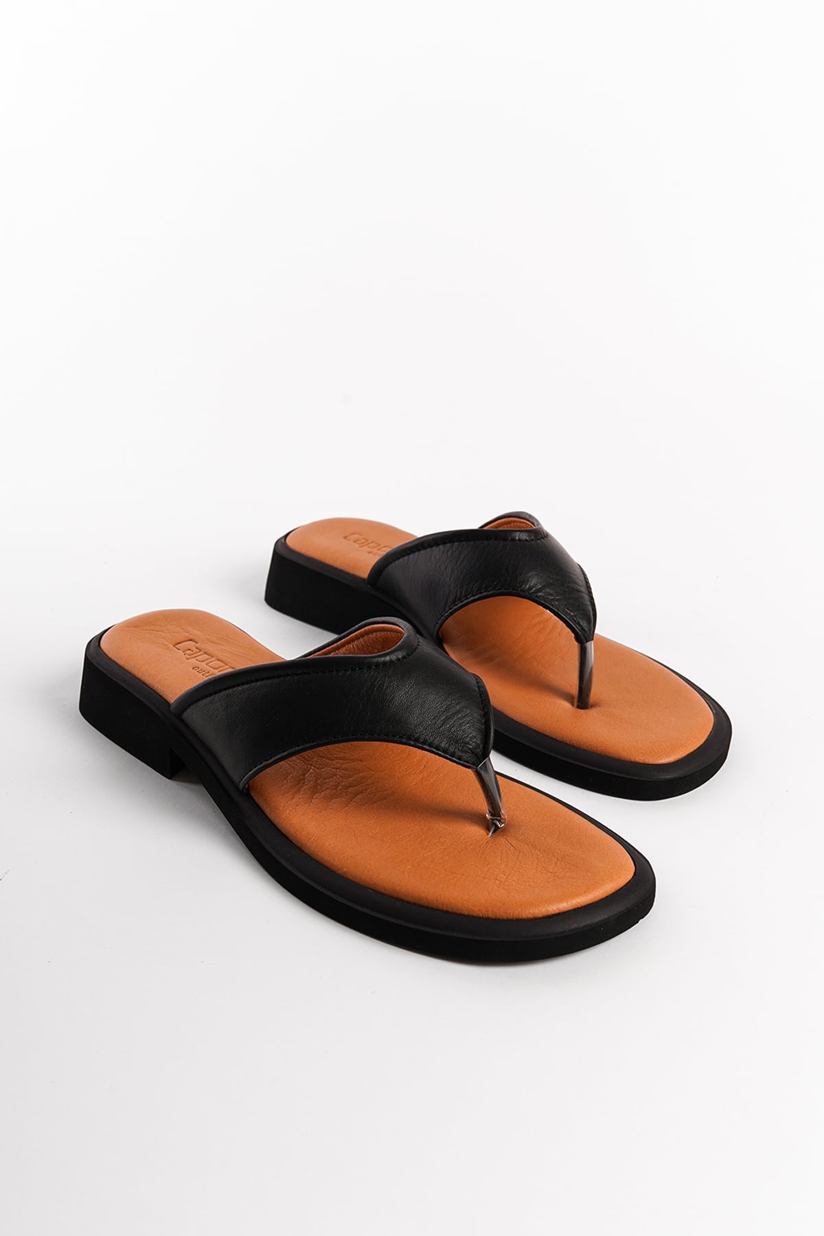 Capone Genuine Leather Comfort Short Heeled Women Black Thong Sandals