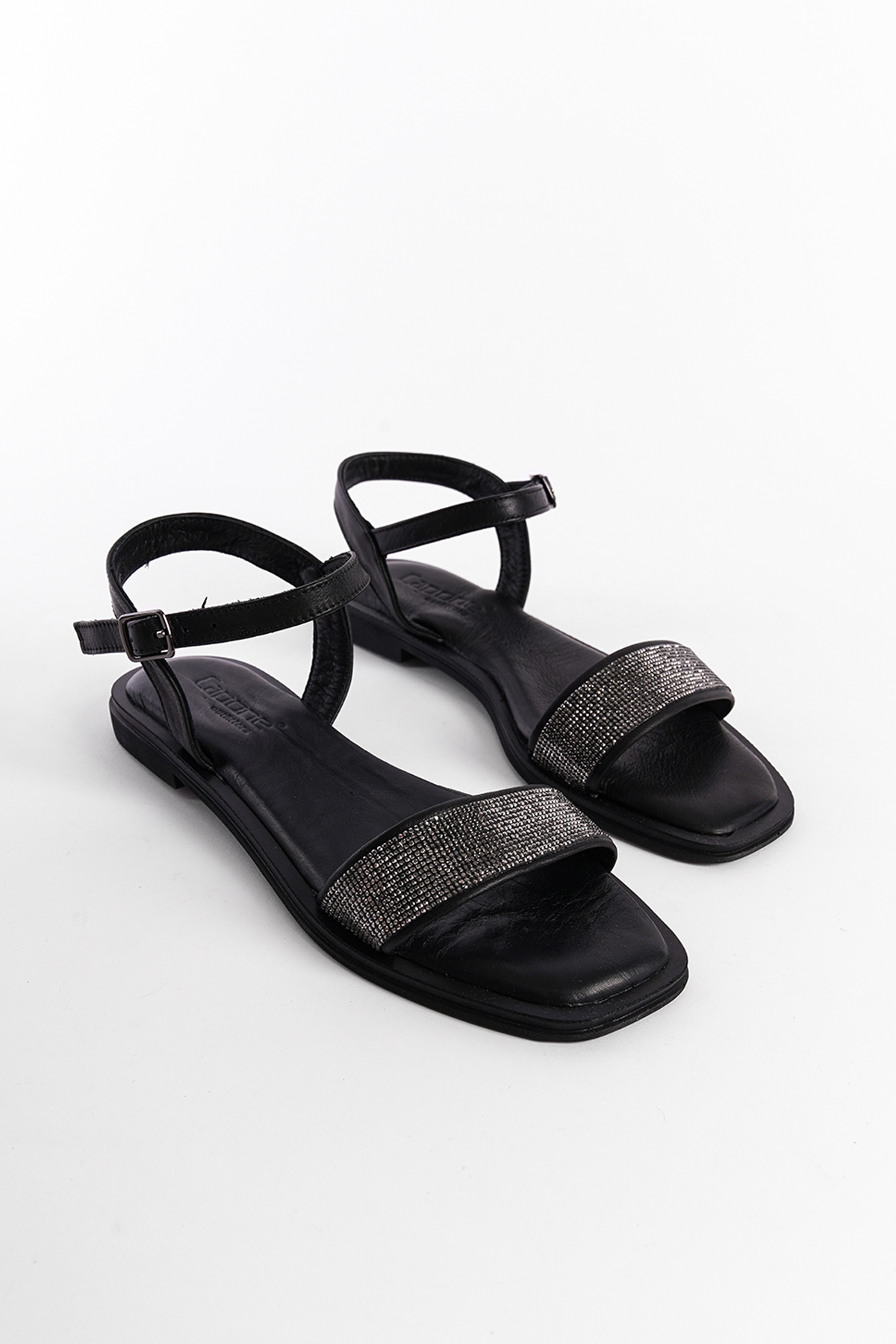 Capone Genuine Leather Crystal Embellished Single Strap Flat Heeled Women Black Sandals