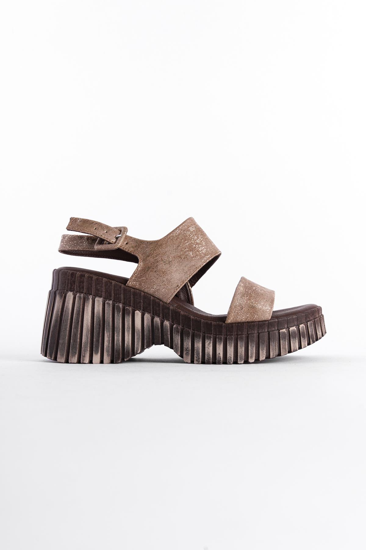 Capone Genuine Leather Denim Double-Strapped Wedge Heel Women Mink Sandals