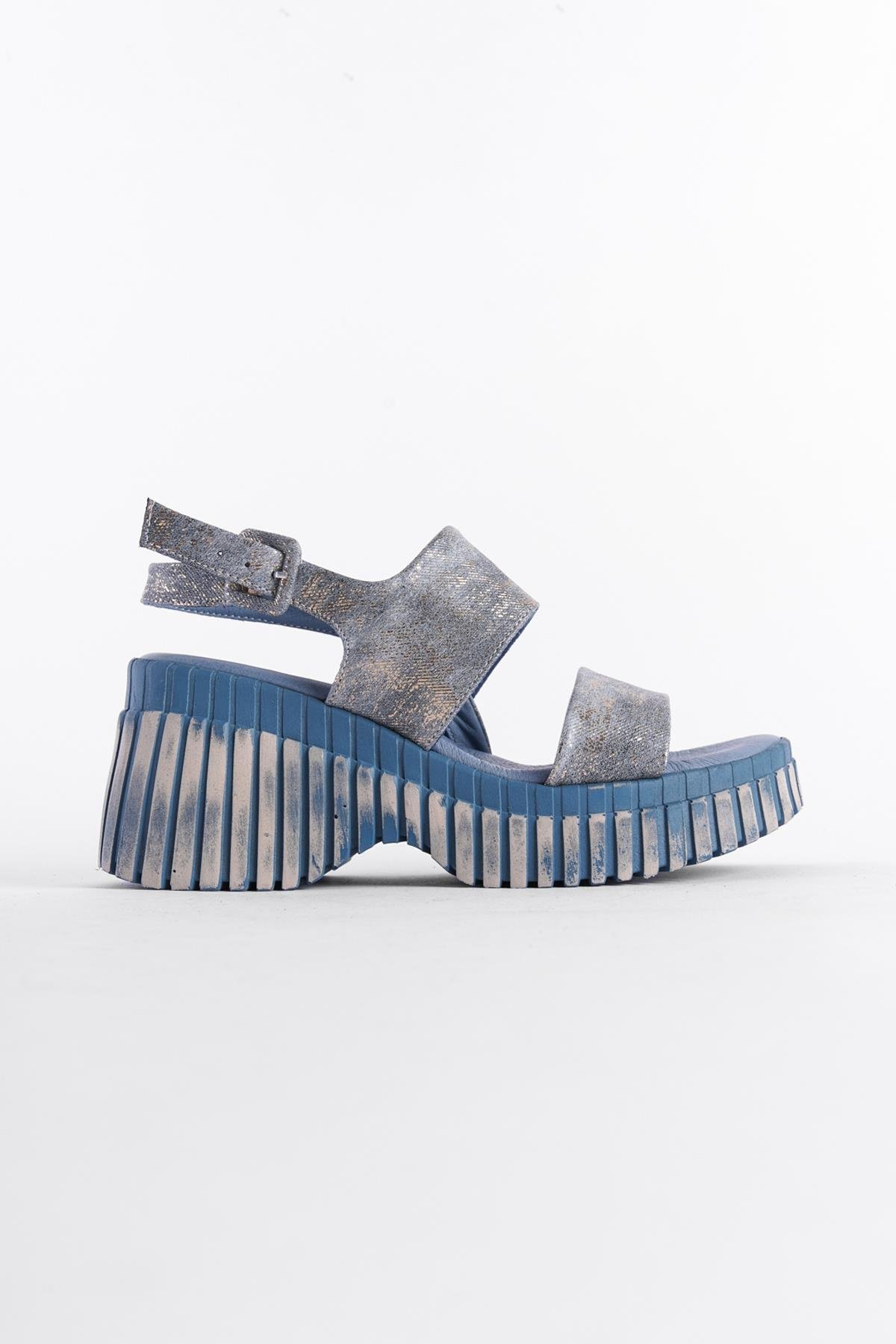 Capone Genuine Leather Denim Double-Strapped Wedge Heel Women Blue Sandals