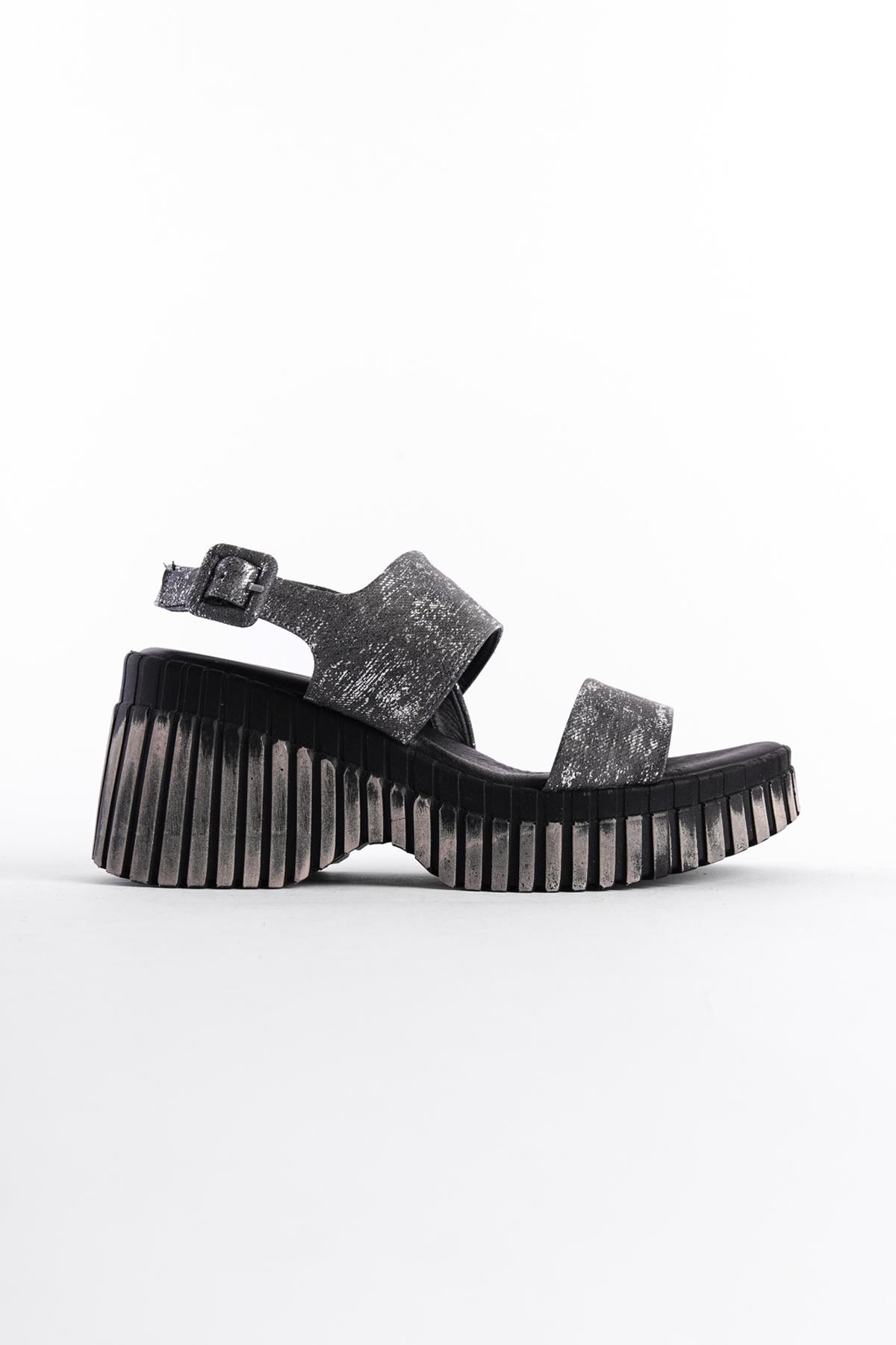 Capone Genuine Leather Denim Double-Strapped Wedge Heel Women Black Sandals