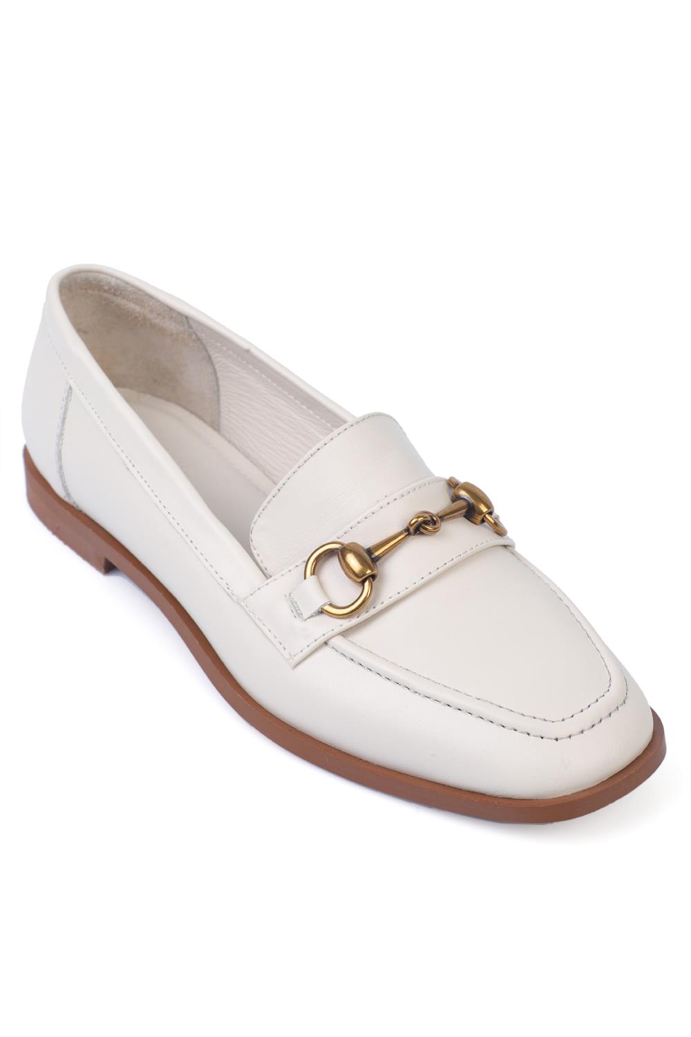 Capone Genuine Leather Metal Buckled Women White Loafers