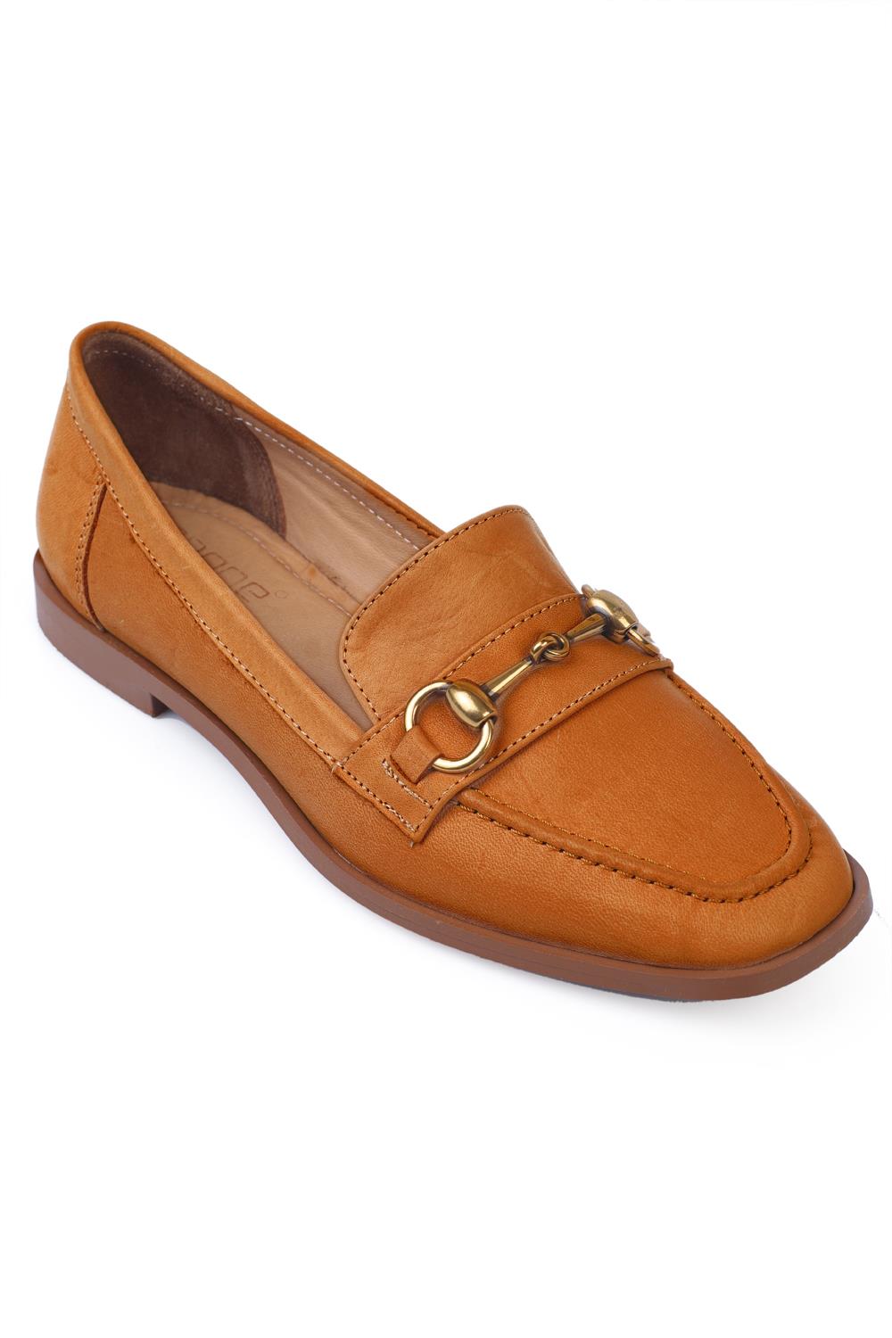 Capone Genuine Leather Metal Buckled Women Tan Loafers