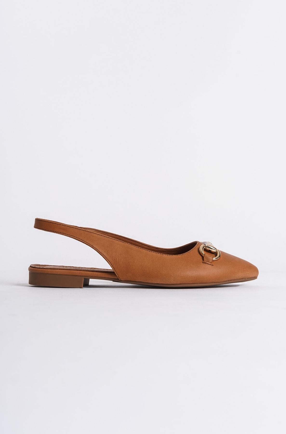 Capone Genuine Leather Pointed Toe Open Back Buckle Women Tan Ballerinas