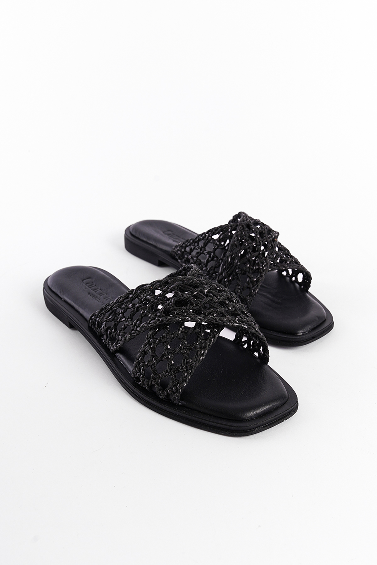 Capone Genuine Leather Straw Mesh Cross Strap Flat Heeled Women Black Sandals