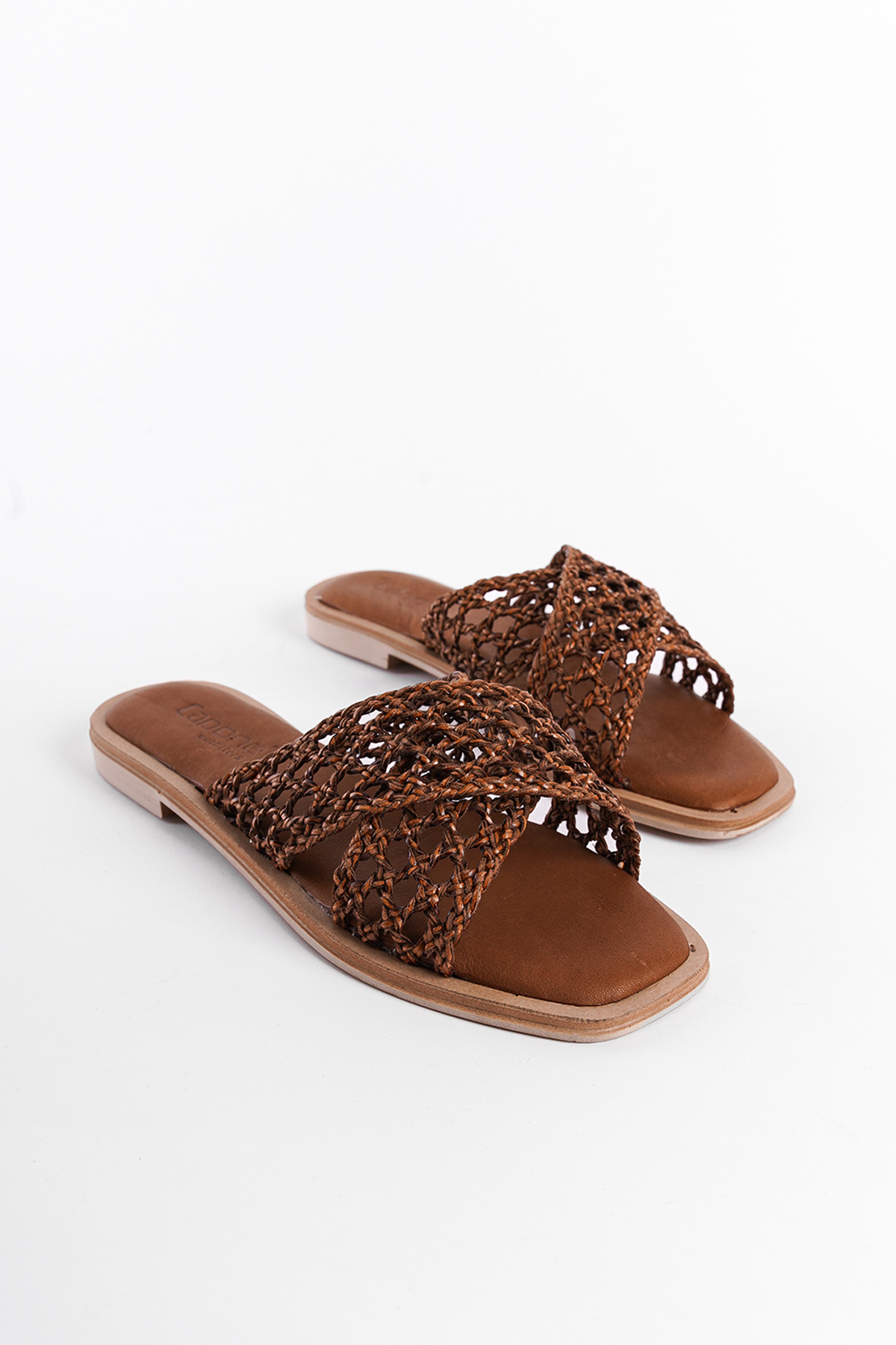 Capone Genuine Leather Straw Mesh Cross Strap Flat Heeled Women Tan Sandals