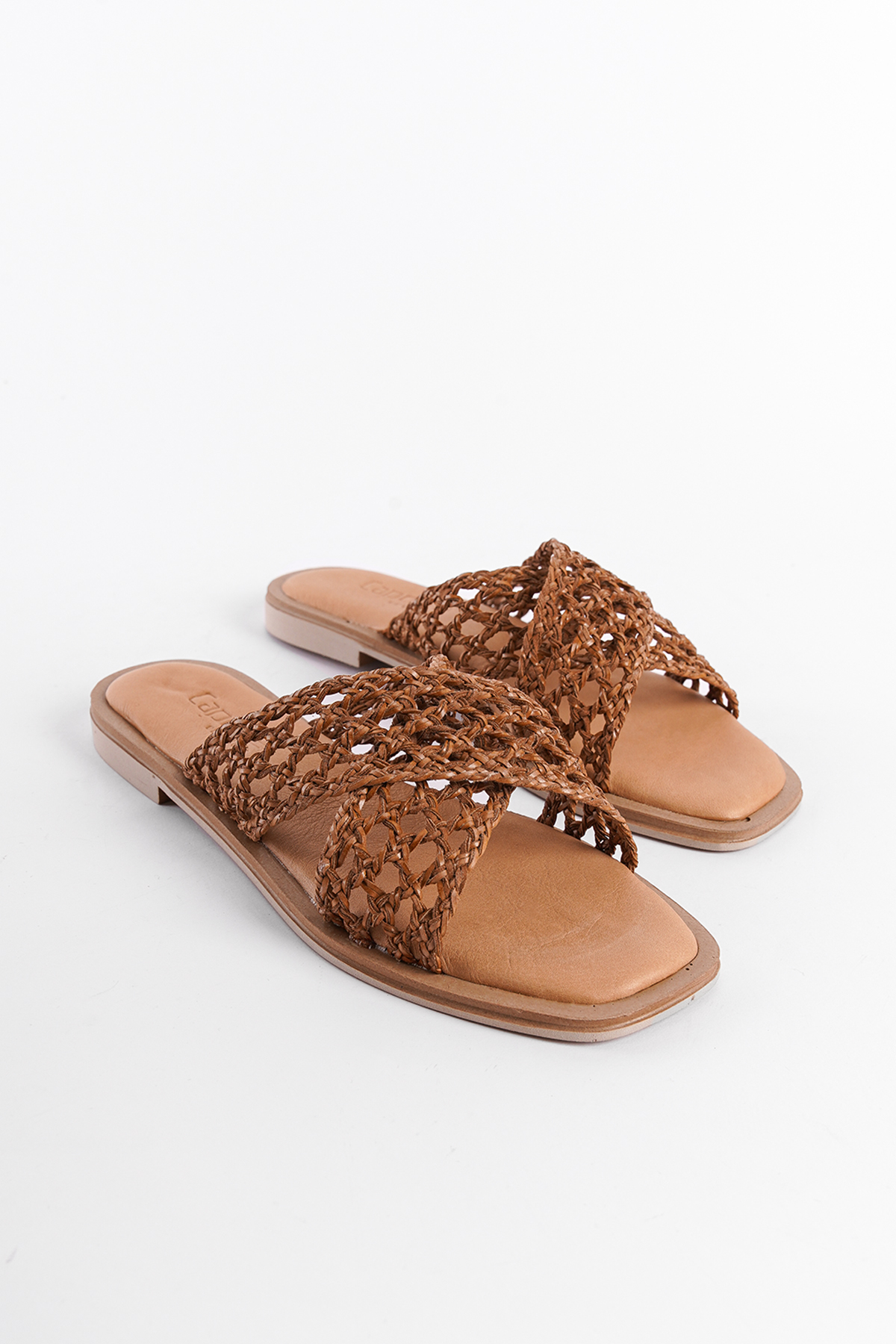 Capone Genuine Leather Straw Mesh Cross Strap Flat Heeled Women Mink Sandals