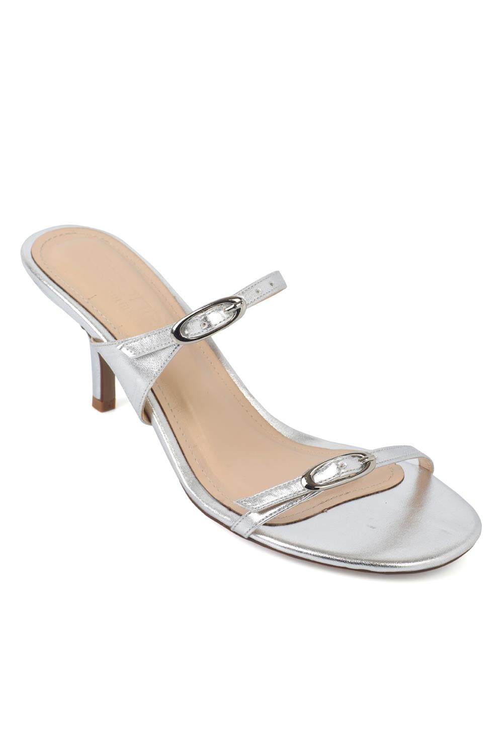 Capone Gerda Toe Double Buckle Mid Heel Elegant Women Metallic Silver Sandal