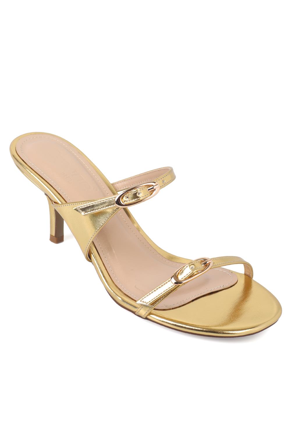 Capone Gerda Toe Double Buckle Mid Heel Elegant Women Gold Sandal